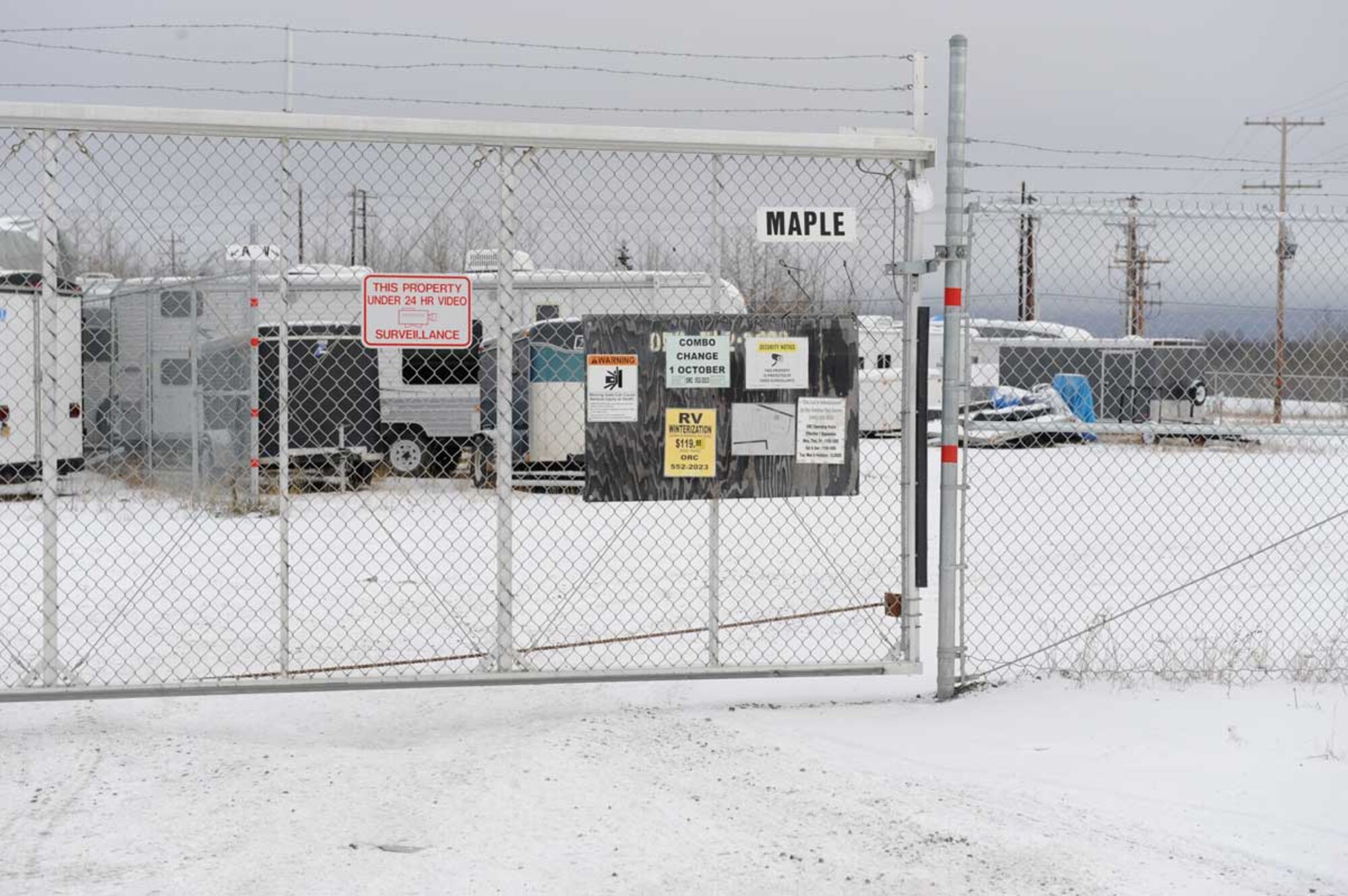 Recreational vehicles and trailers sit in an RV storage lot on Joint Base Elmendorf-Richardson. RVs can contain plenty of expensive equipment – sporting goods,
camping supplies, and electronics. Make sure your gear is secured with locks, and thoroughly marked. While the storage lot is under video surveillance, and is kept locked, the 673d Security Forces Squadron urges those with items there to take care. (U.S. Air Force photo/Staff Sgt. Robert Barnett)