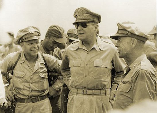 Richard Bong; Gen. Douglas MacArthur and Lt. Gen. George Kenney are pictured together in Dec. 1944. (Courtesy photo)