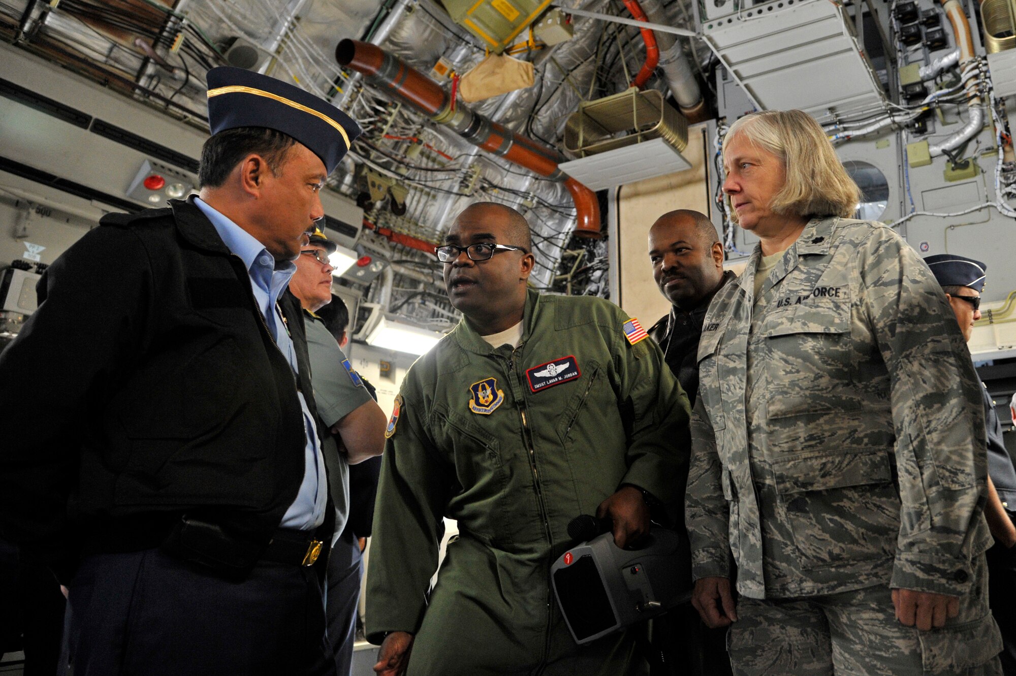 Senior Master Sgt. Lavar Jordan, 514th Aeromedical Evacuation Squadron aeromedical technician, explains the capabilities of Air Force aeromedical evacuation to Air Chiefs from countries in the Pacific region during a visit to Joint Base McGuire-Dix-Lakehurst, N.J. Oct. 26.  The Air Chiefs toured several Air Force bases during their weeklong trip to the U.S.  During their stop at JB MDL, the Air Chief's also witnessed convoy training procedures by the U.S. Air Force Expeditionary Center, C-17 capabilities demonstration by the 305th Air Mobility Wing and contingency response operations by the 621st Contingency Response Wing.  (U.S. Air Force photo by Master Sgt. Laura K. Deckman)(released)