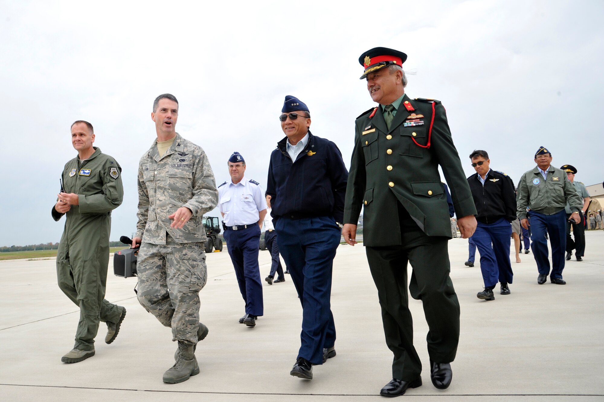 Col. Kevin A. Oliver, 818th Contingency Response Group commander, explains 621st Contingency Response Wing CRG capabilities to Air Chiefs from countries in the Pacific region during a visit to Joint Base McGuire-Dix-Lakehurst, N.J. Oct. 26.  The Air Chiefs toured several Air Force bases during their weeklong trip to the U.S.  During their stop at JB MDL, the Air Chief's also witnessed convoy training procedures by the U.S. Air Force Expeditionary Center, C-17 capabilities demonstration by the 305th Air Mobility Wing and an aeromedical evacuation presentation by the 514th Air Mobility Wing.  (U.S. Air Force photo by Master Sgt. Laura K. Deckman)(released)