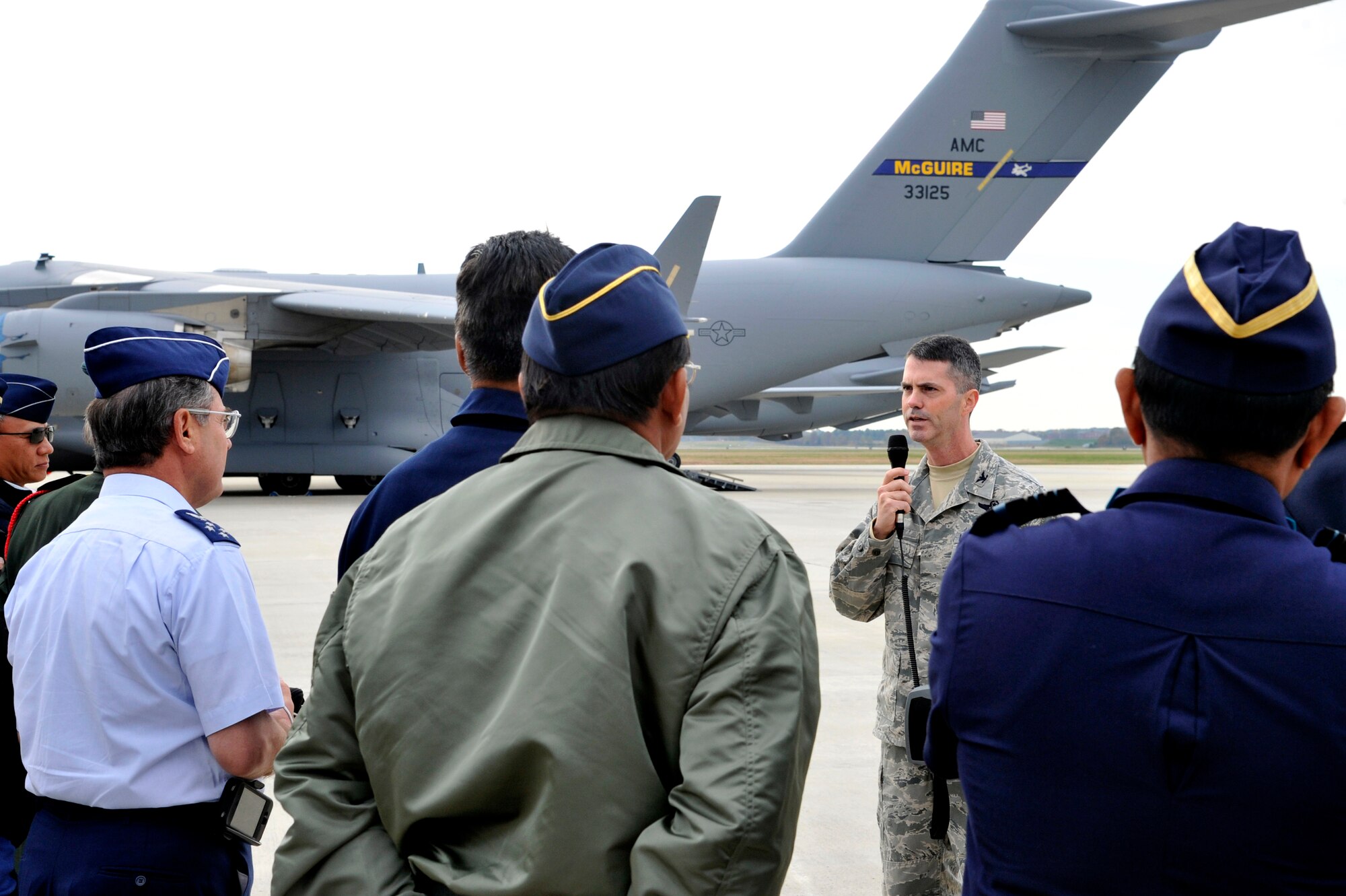 Col. Kevin A. Oliver, 818th Contingency Response Group commander, explains 621st Contingency Response Wing CRG capabilities to Air Chiefs from countries in the Pacific region during a visit to Joint Base McGuire-Dix-Lakehurst, N.J. Oct. 26.  The Air Chiefs toured several Air Force bases during their weeklong trip to the U.S.  During their stop at JB MDL, the Air Chief's also witnessed convoy training procedures by the U.S. Air Force Expeditionary Center, C-17 capabilities demonstration by the 305th Air Mobility Wing and an aeromedical evacuation presentation by the 514th Air Mobility Wing.  (U.S. Air Force photo by Master Sgt. Laura K. Deckman)(released)