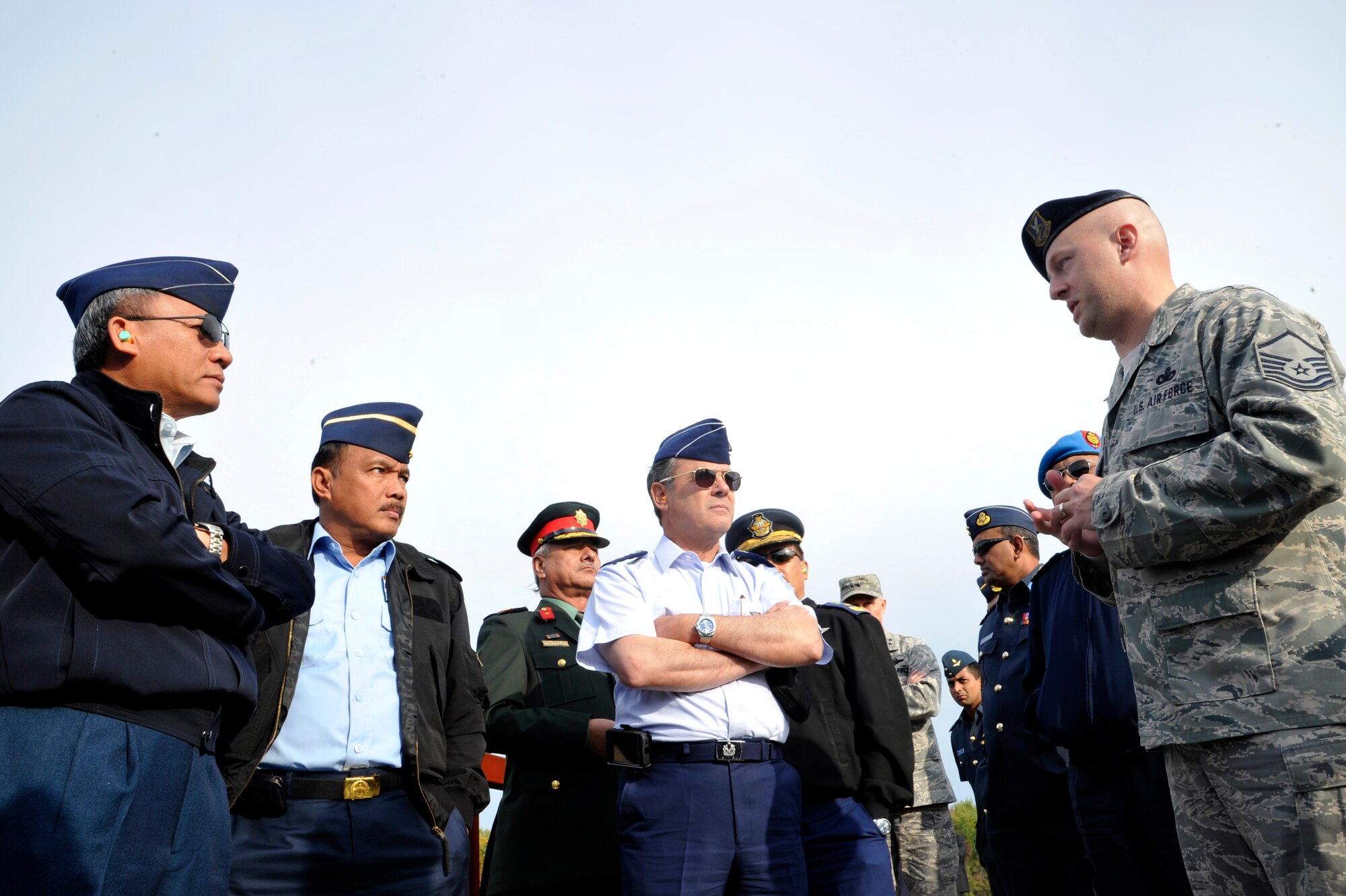 Master Sgt. William J. Gaskins, 421st Combat Training Squadron instructor for the U.S. Air Force Expeditionary Center, explains convoy training procedures to Air Chiefs from countries in the Pacific region during a visit to Joint Base McGuire-Dix-Lakehurst, N.J. Oct. 26.  The Air Chiefs toured several Air Force bases during their weeklong trip to the U.S.  During their stop at JB MDL, the Air Chief's also witnessed contingency response operations by the 621st Contingency Response Wing, C-17 capabilities demonstration by the 305th Air Mobility Wing and an aeromedical evacuation presentation by the 514th Air Mobility Wing.  (U.S. Air Force photo by Master Sgt. Laura K. Deckman)(released)