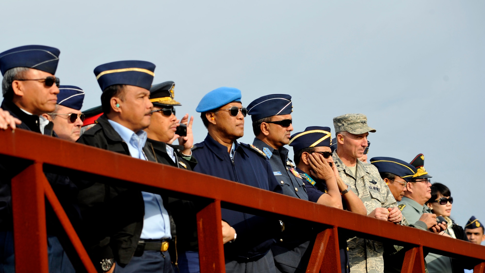 Maj. Gen. William J. Bender, U.S. Air Force Expeditionary Center commander, oversees a display of convoy training procedures to Air Chiefs from countries in the Pacific region  during their visit to Joint Base McGuire-Dix-Lakehurst, N.J. Oct. 26.  The Air Chiefs toured several Air Force bases during their weeklong trip to the U.S.  During their stop at JB MDL, the Air Chief's also witnessed contingency response operations by the 621st Contingency Response Wing, C-17 capabilities demonstration by the 305th Air Mobility Wing and an aeromedical evacuation presentation by the 514th Air Mobility Wing.  (U.S. Air Force photo by Master Sgt. Laura K. Deckman)(released)