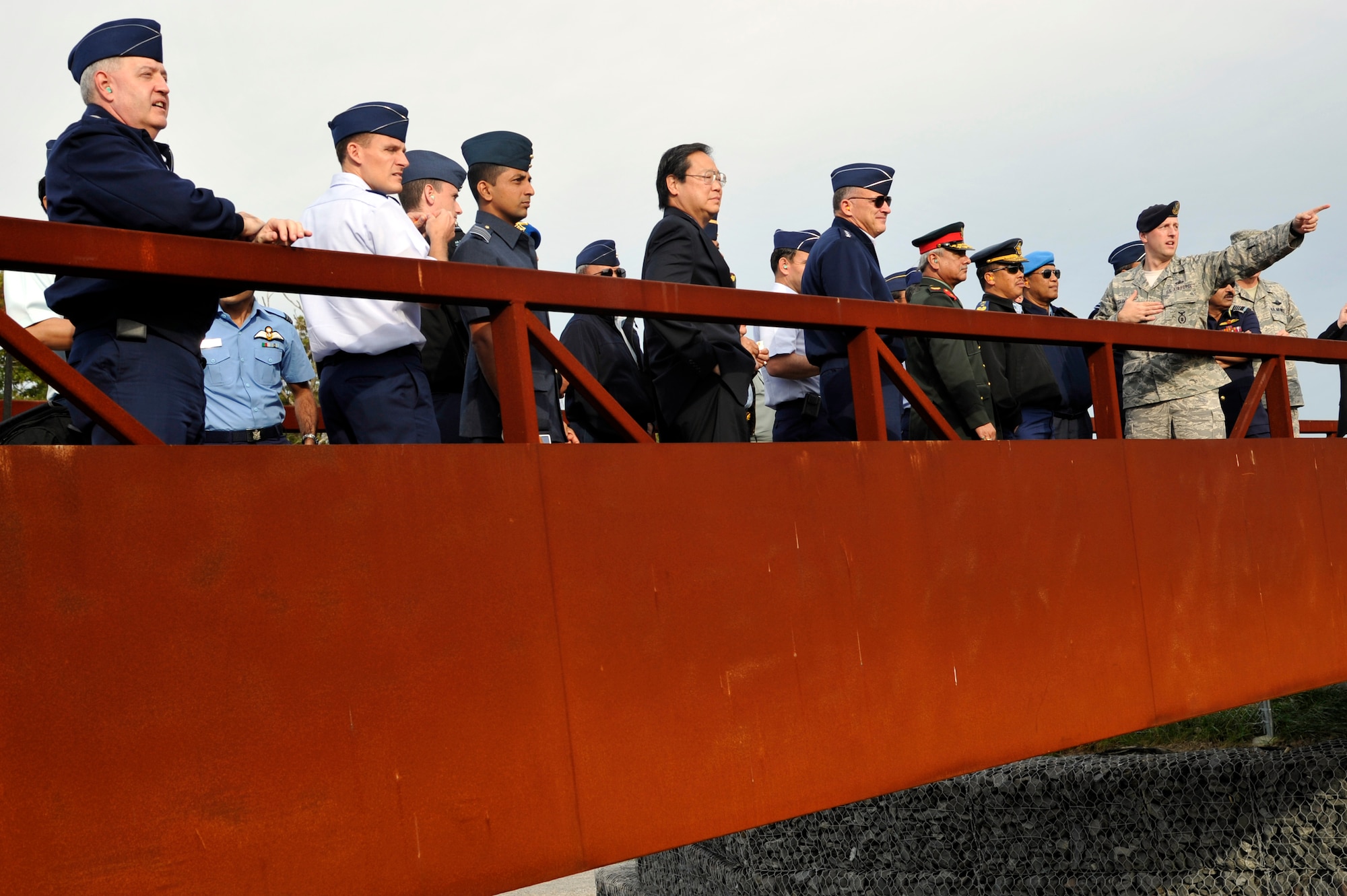 Master Sgt. William J. Gaskins, 421st Combat Training Squadron instructor for the U.S. Air Force Expeditionary Center, explains convoy training procedures to Air Chiefs from countries in the Pacific region during a visit to Joint Base McGuire-Dix-Lakehurst, N.J. Oct. 26.  The Air Chiefs toured several Air Force bases during their weeklong trip to the U.S.  During their stop at JB MDL, the Air Chief's also witnessed contingency response operations by the 621st Contingency Response Wing, C-17 capabilities demonstration by the 305th Air Mobility Wing and an aeromedical evacuation presentation by the 514th Air Mobility Wing.  (U.S. Air Force photo by Master Sgt. Laura K. Deckman)(released)