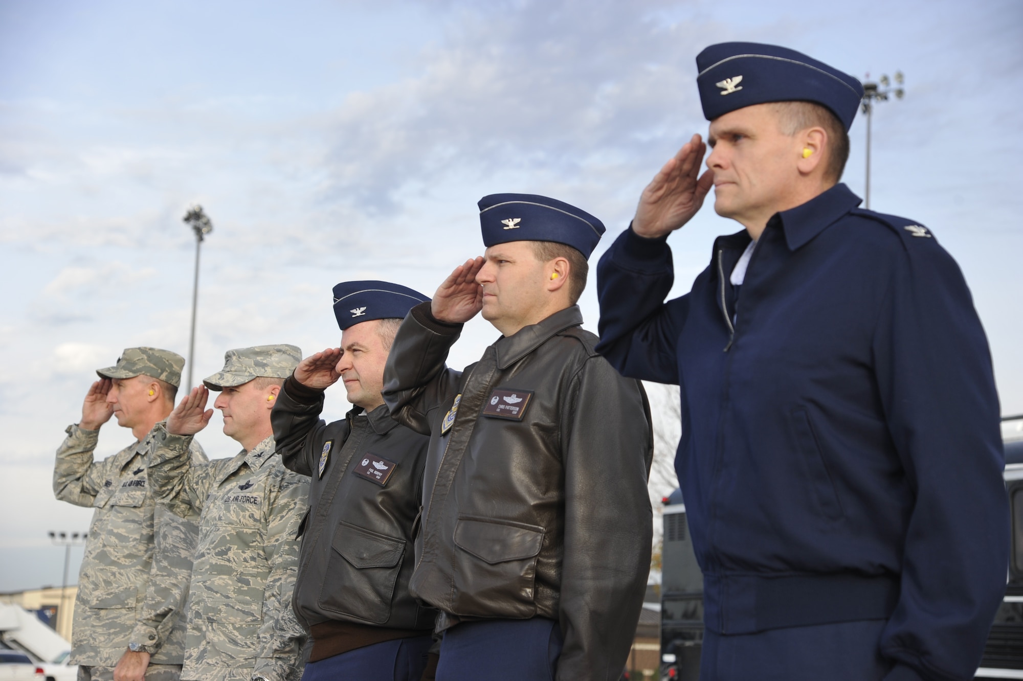 Maj. Gen. William J. Bender, U.S. Air Force Expeditionary Center commander, Col. John M. Wood, 87th Air Base Wing commander, Col. Paul R. Murphy, 305th Air Mobility Wing commander, Col. Chris B. Patterson, 621st Contingency Response Wing commander, and Col. John J. Roscoe, 305th Operations Group commander salute as Gen. Gary L. North, Pacific Air Forces commander and Air Chiefs from countries in the Pacific region arrive at Joint Base McGuire-Dix-Lakehurst, N.J. Oct. 26. The Air Chiefs visited several bases during a week long tour.  During the visit to JB MDL, the Air Chief's witnessed convoy training by the USAF EC, contingency response operations by the 621CRW, C-17 capabilities demonstration by the 305 AMW and an aeromedical evacuation presentation by the 514th Air Mobility Wing.  (U.S. Air Force photo by Master Sgt. Laura K. Deckman)(released)