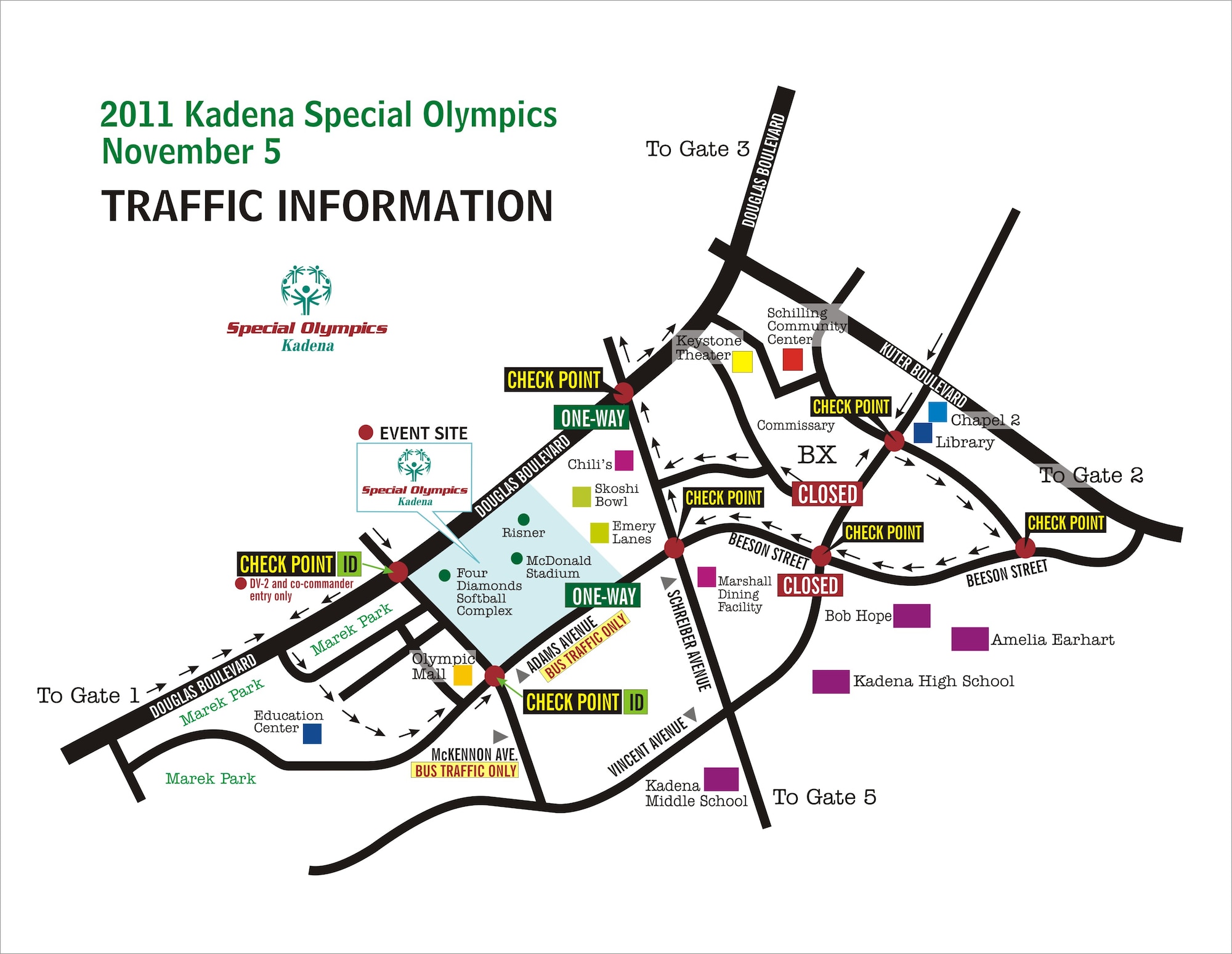 Base commuters should take note that there will be limited traffic flow in and around the Risner Fitness Complex this Saturday. (U.S. Air Force graphic art/Naoko Shimoji)