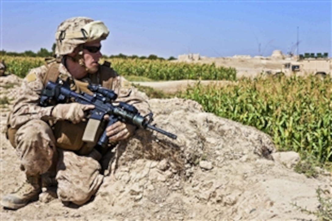 U.S. Navy Petty Officer 3rd Class Mathew Petersen provides security during a four-day patrol through Nawa district in Afghanistan's Helmand province, Nov. 3, 2011.  