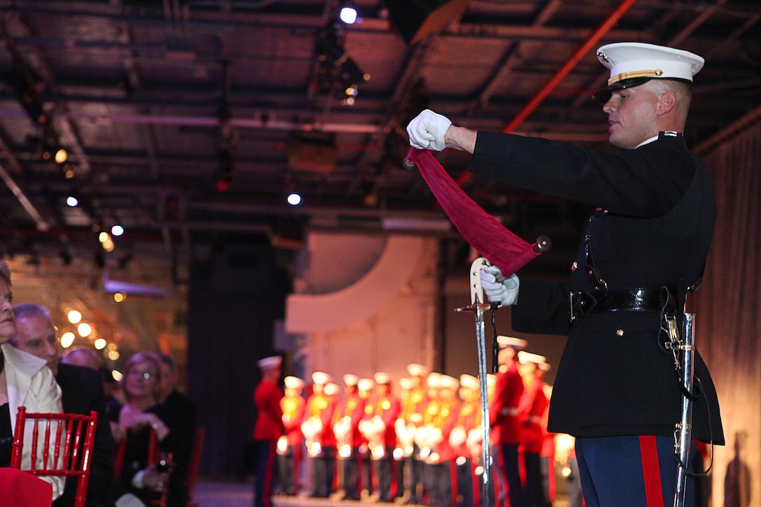 Capt. Joseph F. Monaghan, Marine Barracks Washington logistics officer and ceremony adjutant, reads Gen. John A. Lejeune’s birthday message during a Marine Corps Birthday Ball ceremony aboard the Intrepid Sea, Air and Space Museum Complex Nov. 3. The Marines of Marine Barracks Washington helped celebrate the 236th Marine Corps birthday with Marines in the New York area.