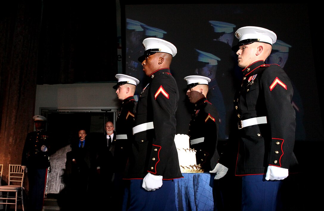Marine Barracks Washington Marines escort a Marine Corps birthday cake during a Marine Corps Birthday Ball ceremony aboard the Intrepid Sea, Air and Space Museum Complex Nov. 3. Barracks Marines celebrated the 236th Marine Corps birthday with Marines in the New York area.