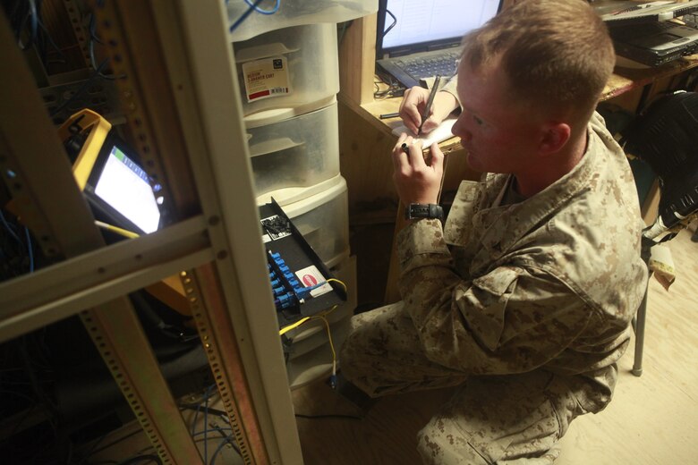 Lance Cpl. Bradley Gatz checks fiber optic cables after they are installed in a building at Camp Dwyer, Afghanistan, Nov. 4. Gatz, from El Reno, Okla., is a wireman with Marine Wing Communications Squadron 28..