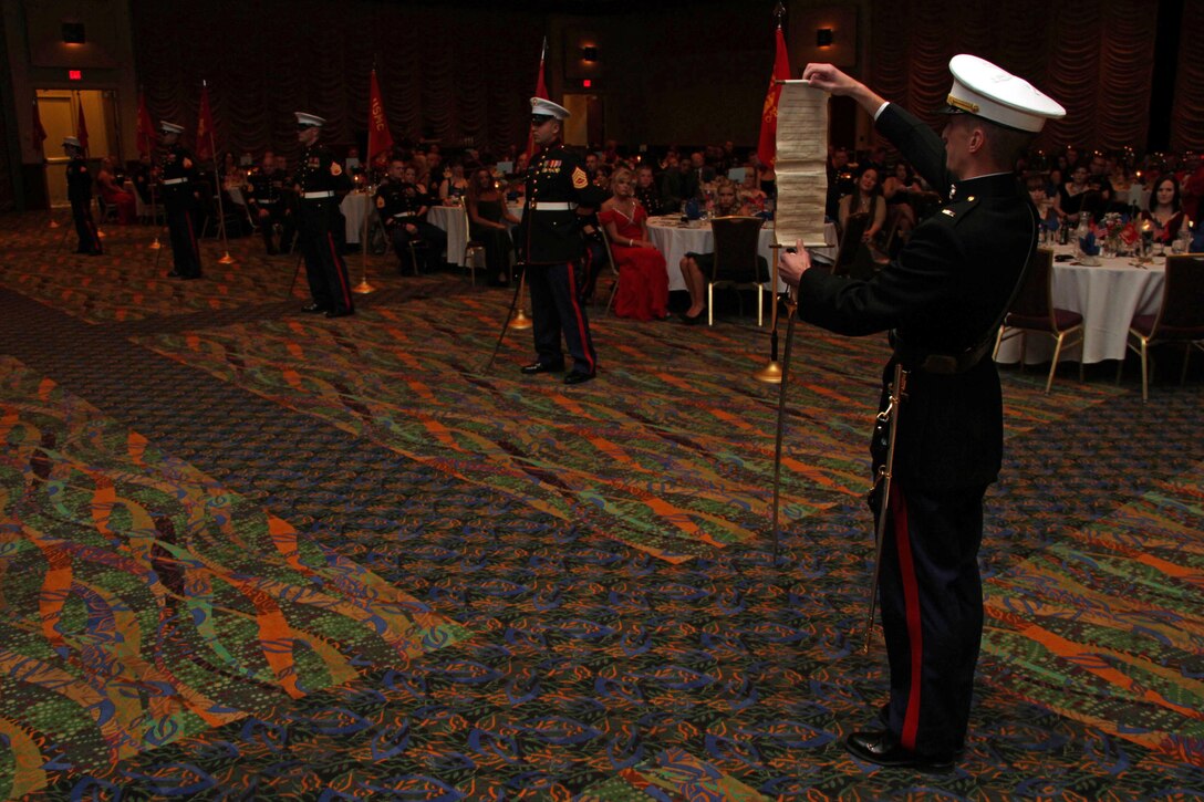 Marine Corps Ball Adjutant 2nd Lt. Cory R. Denzer reads a message from 13th Commandant of the Marine Corps Maj. Gen. John A. Lejeune during the Recruiting Station Twin Cities 236th Marine Corps Birthday celebration Nov. 4. For additional imagery from the event, visit www.facebook.com/rstwincities.