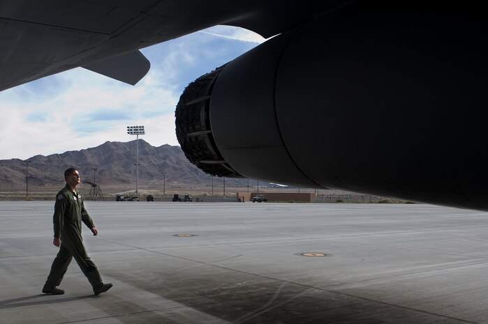 U.S. Air Force Capt. Seth Spanier, 77th Weapons Squadron pilot, Dyess Air Force Base, Texas, inspects a B-1 Lancer prior to launch during the integrated tactics phase of the U.S. Air Force Weapons School Nov. 3, 2011, at Nellis Air Force Base, Nev. The 77th Weapons Squadron, part of the U.S.A.F.W.S., provide instructional flying and tactics training for the B-1 Lancer. (U.S. Air Force photo by Staff Sgt. Christopher Hubenthal/Released)


