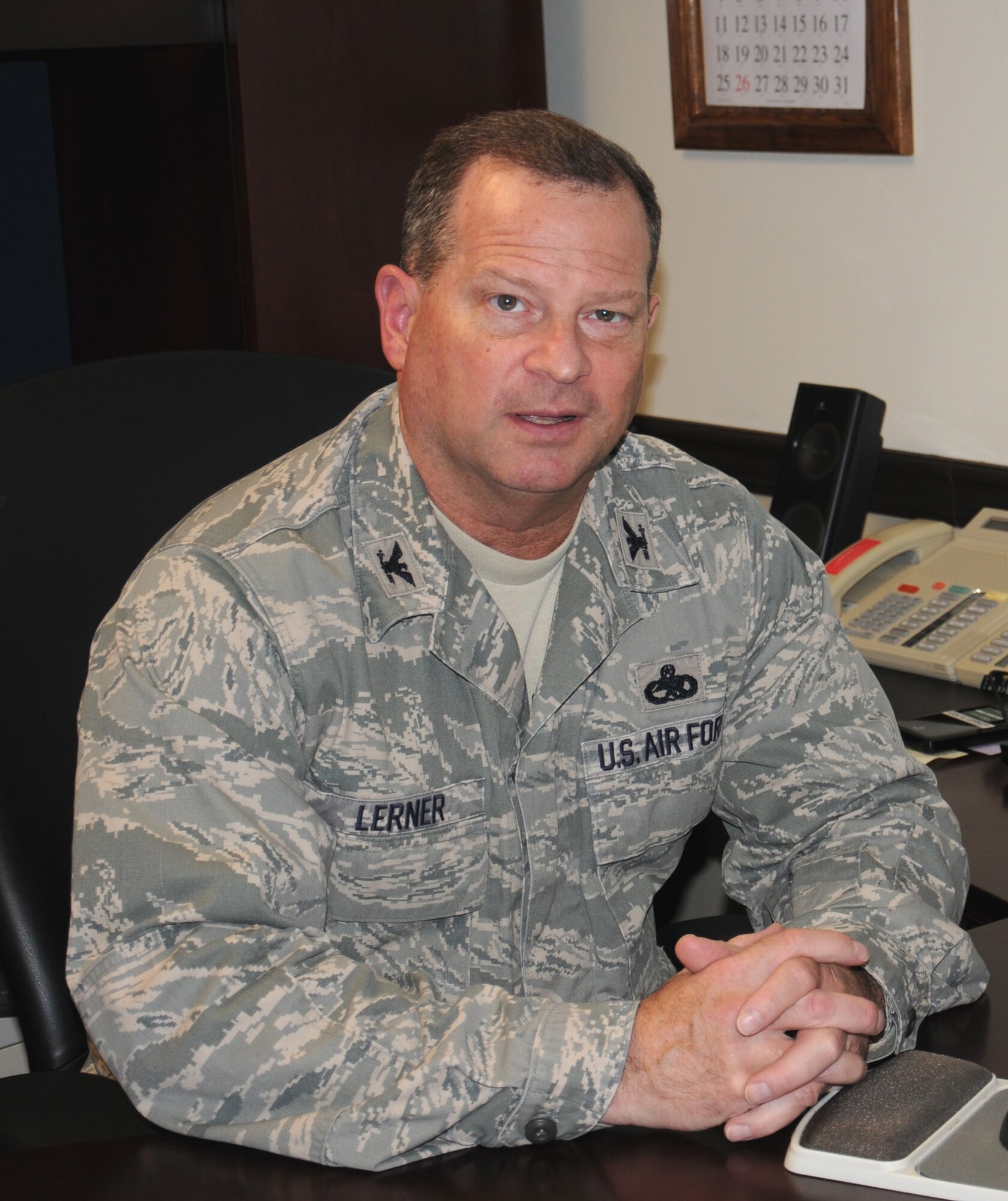 Col. Alan Lerner assumed command of the 446th Maintenance Group Oct. 1 at McChord Field.  Lerner comes here from the 512th Airlift Wing at Dover Air Force Base in Del. (U.S. Air Force photo by 2nd Lt. Denise Hauser)