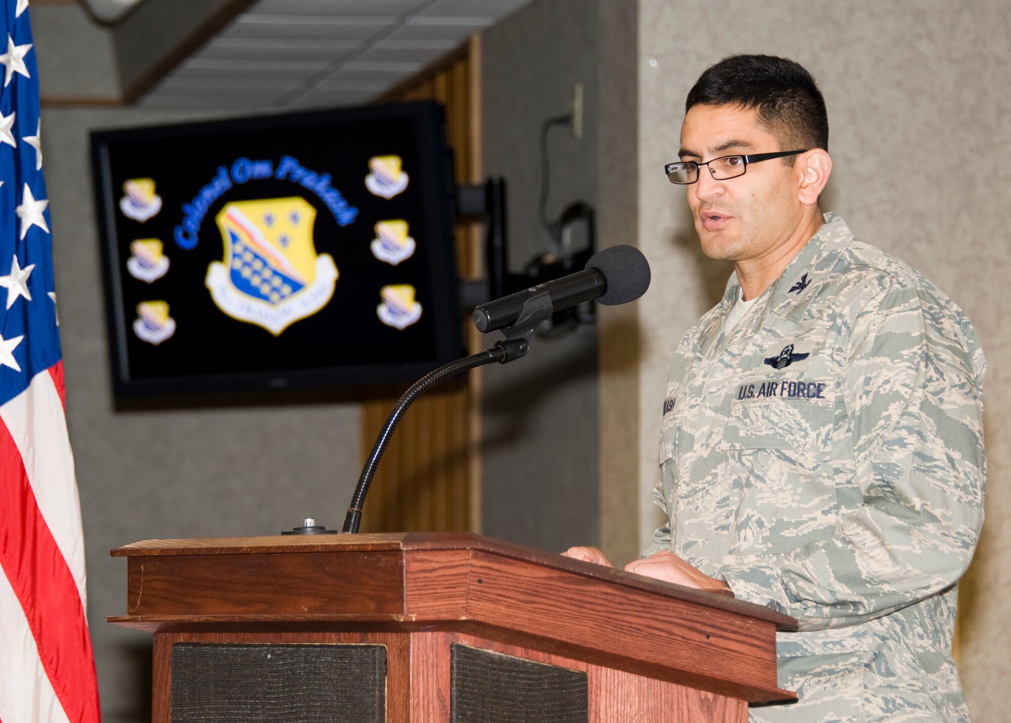 Col. Om Prakash, 82nd Training Wing vice commander, speaks at the wing quarterly awards ceremony Nov. 4, 2011, at the Sheppard Club. Awards were presented by Prakash and Chief Master Sgt. David Nelson, 82nd Training Wing command chief. (U.S. Air Force photo/Frank Carter)
