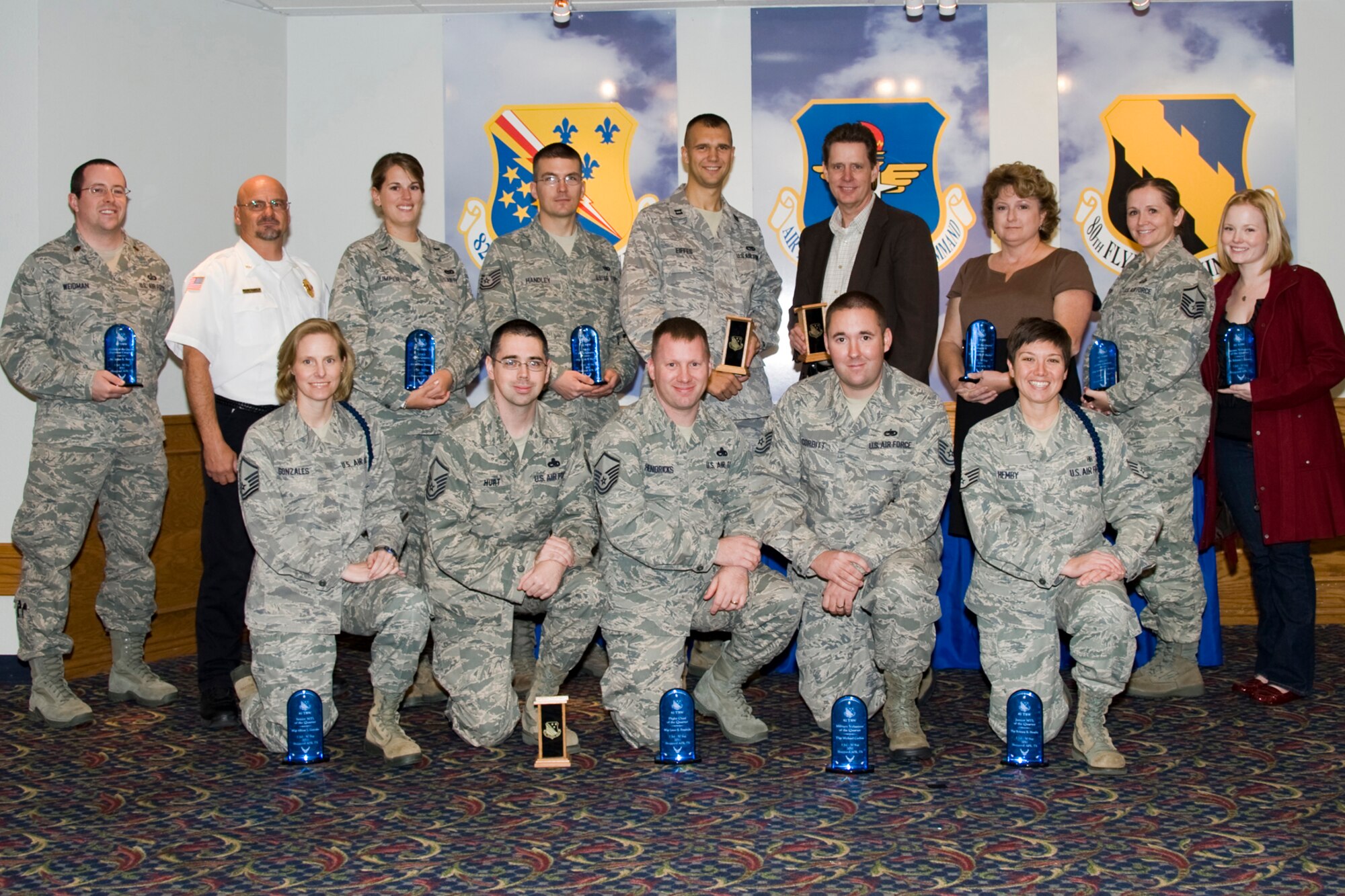 82nd Training Wing Quarterly Award winners for 2011’s third quarter were recognized at an awards ceremony, Nov. 4, 2011, at the Sheppard Club. Awards were presented by Col. Om Prakash, 82nd Training Wing vice commander, and Chief Master Sgt. David Nelson, 82nd Training Wing command chief. (U.S. Air Force photo/Frank Carter)