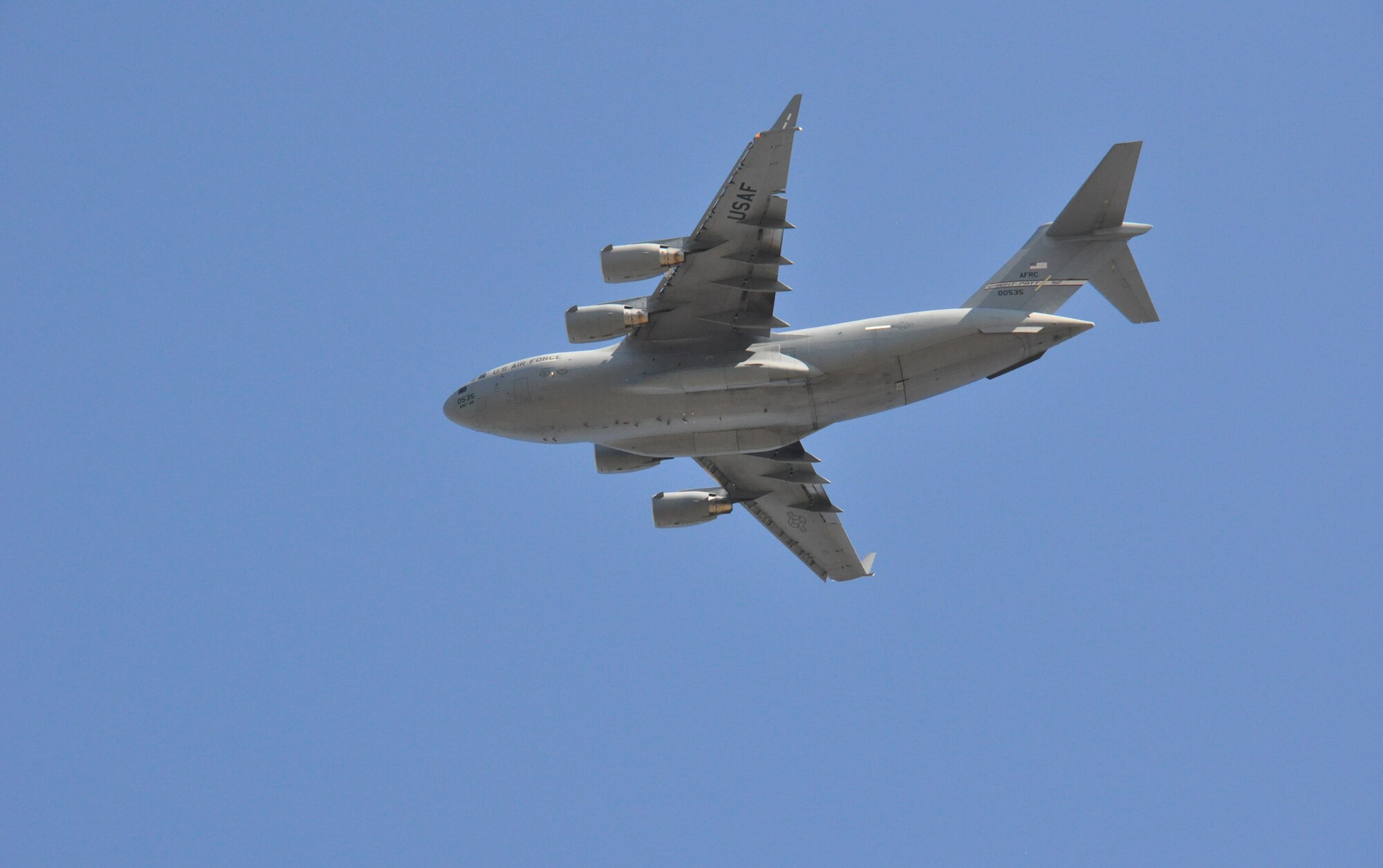 WRIGHT-PATTERSON AIR FORCE BASE, Ohio - A 445th Airlift Wing C-17 Globemaster III takes flight across the Ohio skies on a cool, fall day at Wright-Patterson Air Force Base, Ohio, Nov. 4. (U.S. Air Force photo/Stacy Vaughn)