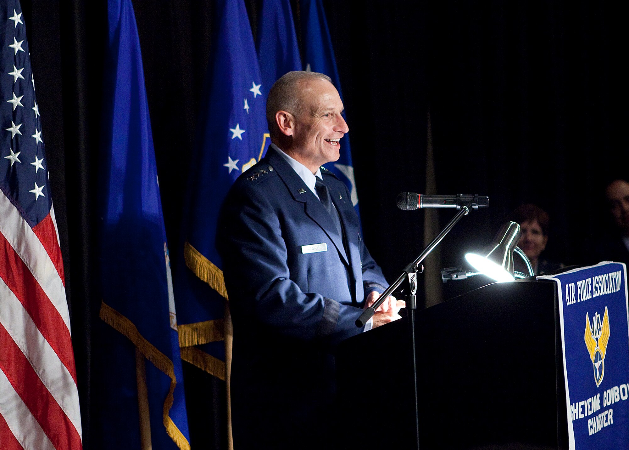 Lt. Gen. Jim Kowalski, commander, Air Force Global Strike Command, speaks during the Air Force Air Force Association Anniversary Banquet Oct. 28 in the Holiday Inn, Cheyenne, Wyo.  (U.S. Air Force photo by Matt Bilden)