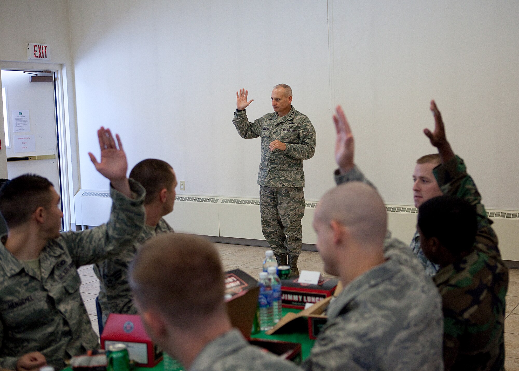 Lt. Gen. Jim Kowalski, commander, Air Force Global Strike Command, speaks to an Airmen Leadership School class in the Base Chapel during his visit to F. E. Warren Air Force Base, Wyo., Oct. 27.   (U.S. Air Force photo by Matt Bilden)