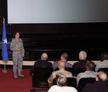 Brigadier General Theresa Carter, commander 502 Air Base Wing conducts a commanders call at Randolph Air Force Base, Texas, base theater on Oct. 3. (U.S. Air Force Photo by Don Lindsey)