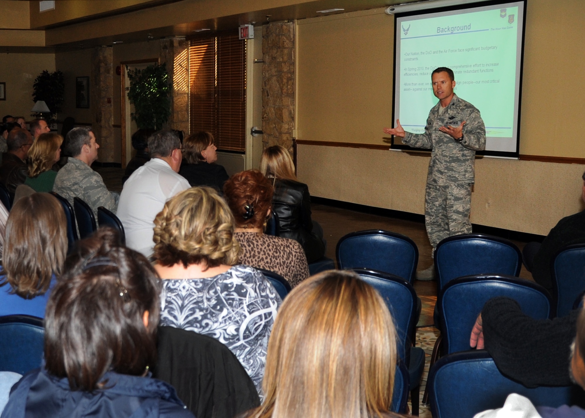 ALTUS AIR FORCE BASE, Okla. – Col. Casey D. Eaton, 97th Air Mobility Wing vice commander, speaks to members of Altus AFB about the Resourse Management Decision 703 Nov. 4, 2011, at Club Altus. The RMD-703 eliminated 36 positions at Altus AFB and approximately 9,000 positions  Air Force wide.  These adjustments reflect several initiatives designed to align limited resources based on the Air Forces priorities. (U.S. Air Force photo by Airman 1st Class Levin Boland / Released / 97th Air Mobility Wing Public Affairs)