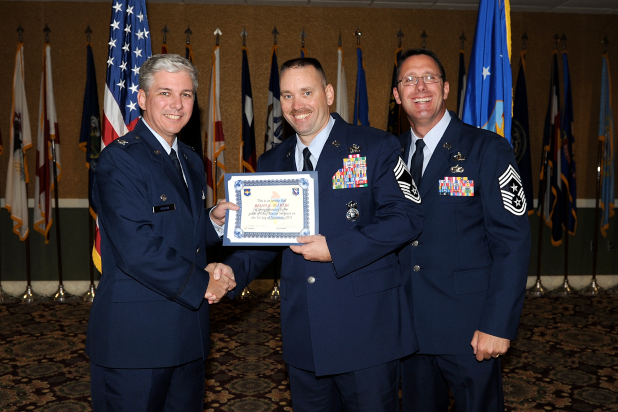On Oct. 31, the 14th Security Forces Squadron manager sewed on his last chevron. Chief Master Sgt. Brian Martin spent his first moments at the highest enlisted rank thanking those who had helped him to achieve the rank, and encouraging Airmen to give 100 percent every day. (U.S. Air Force photo/Airman 1st Class Chase Hedrick)