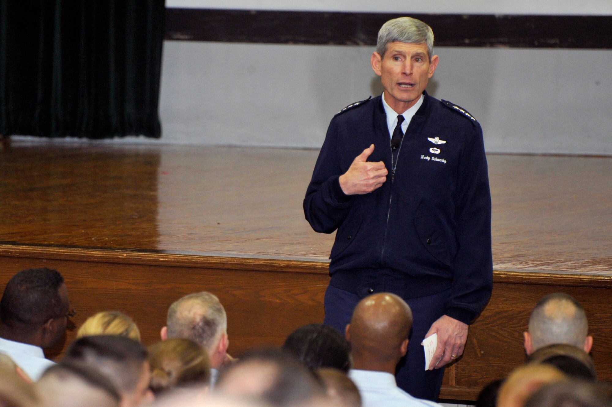 Air Force Chief of Staff Gen. Norton Schwartz speaks to Airmen Nov. 1, 2011, at Joint Base Andrews, Md. During the chief of staff call, Schwartz spoke about leadership, current Air Force issues and answered questions from the audience. (U.S. Air Force photo/Senior Airman Perry Aston)