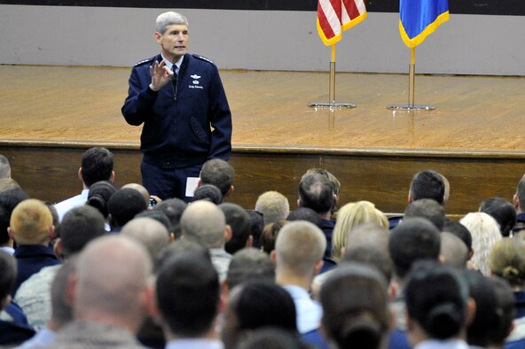 Air Force Chief of Staff Gen. Norton Schwartz speaks to Airmen Nov. 1, 2011, at Joint Base Andrews, Md. During the chief of staff call, Schwartz spoke about leadership, current Air Force issues and answered questions from the audience. (U.S. Air Force photo/Senior Airman Perry Aston)