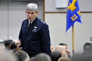 Air Force Chief of Staff Gen. Norton Schwartz speaks to members of Team
Andrews at the Joint Base Andrews theater Nov. 1, 2011. During the Chief of
Staff Call, Schwartz spoke about leadership and current Air Force issues,
and also took questions from the audience. (U.S. Air Force photo/Senior
Airman Perry Aston)
