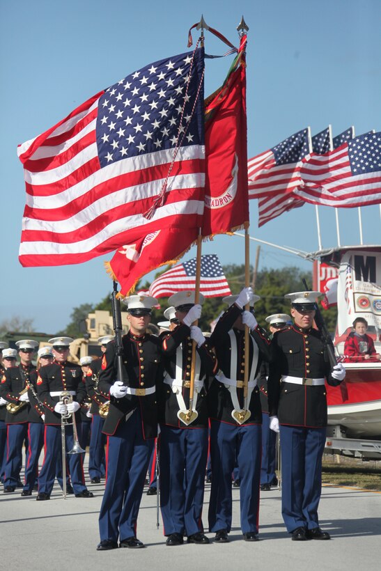 The Headquarters and Headquarters Squadron color guard stands ready for the 2011 Morehead City Veterans Day Parade to start in Morehead City, N.C., Nov. 5, 2011. "This parade was hosted to help show our appreciation for the veterans of all the wars," said John Thompson, a parade official.