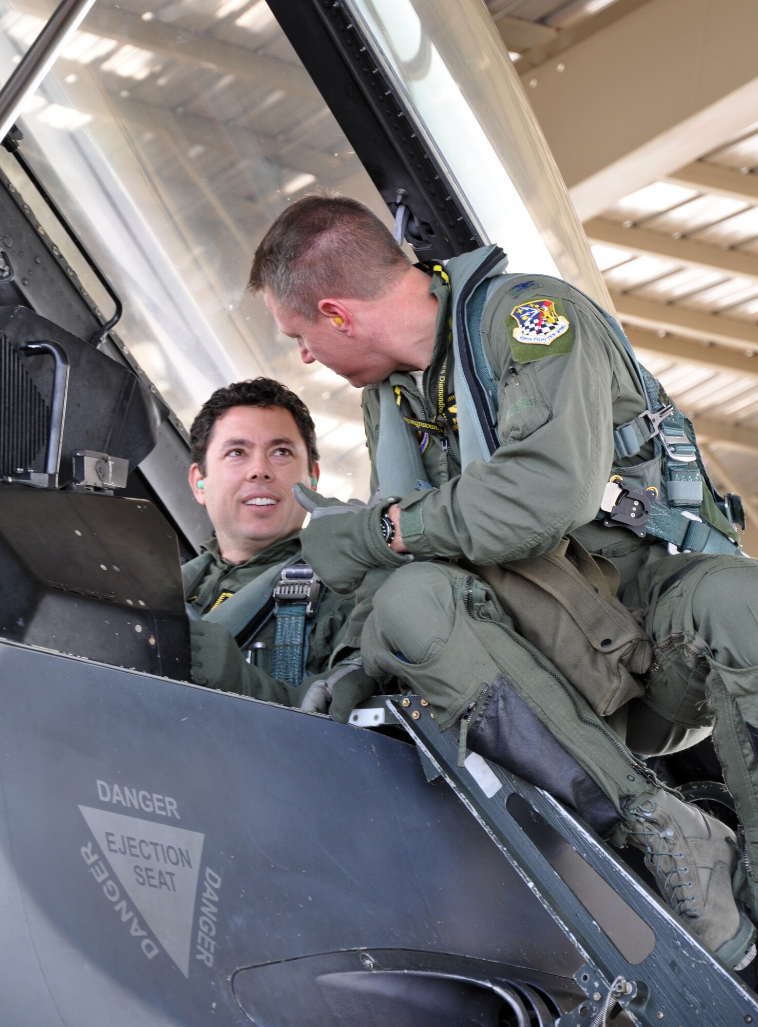 Before take-off, Chaffetz receives some final flight prep tips from 419th Vice Commander Patrick Wade. (U.S. Air Force photo/Airman 1st Class Crystal Charriere)
