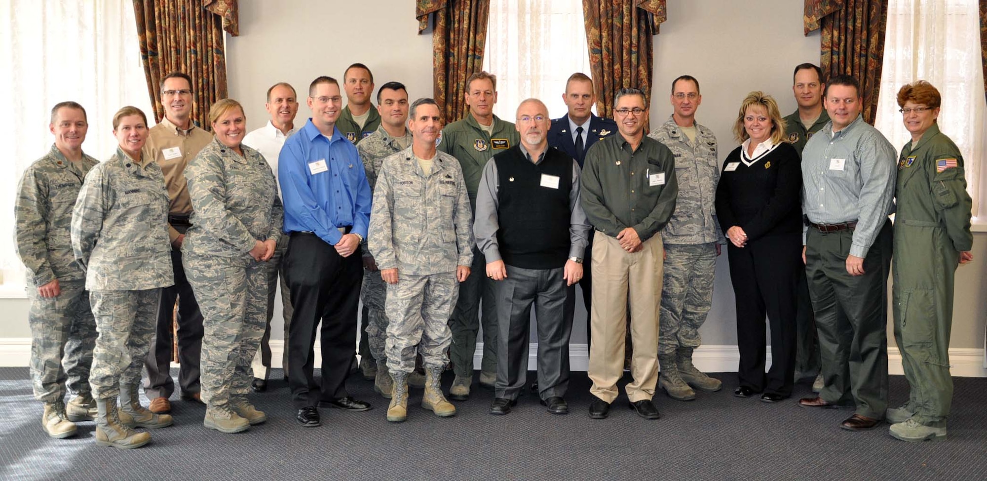 Honorary commanders and commanders of the 931st Air Refueling Group, McConnell Air Force Base, Kan., pose for a photo following an honorary commander luncheon in downtown Wichita, Nov. 5, 2011.  Following the luncheon, the honorary commanders were invited to visit the 931st headquarters for a unit mission briefing and to visit with the Airmen of the 931st. (U.S. Air Force photo by Tech. Sgt. Brannen Parrish)