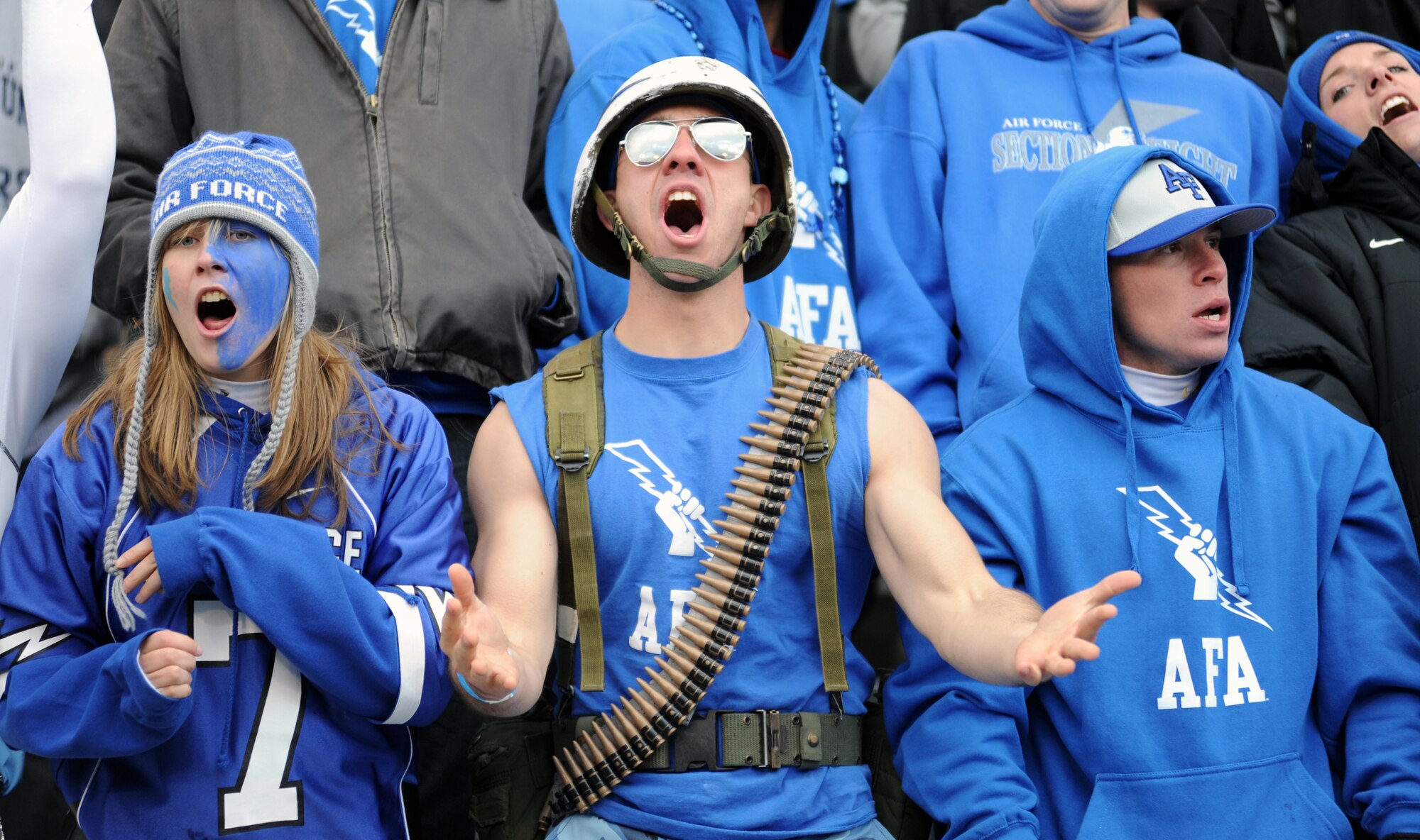 Section 8 fans cheer during the Air Force-Army game at Falcon Stadium Nov. 5, 2011. The Falcons scored 21 points in the third quarter en route to a 24-14 victory over the Black Knights and their second consecutive Commander-in-Chief's Trophy. (U.S. Air Force photo/Tech. Sgt. Raymond Hoy)