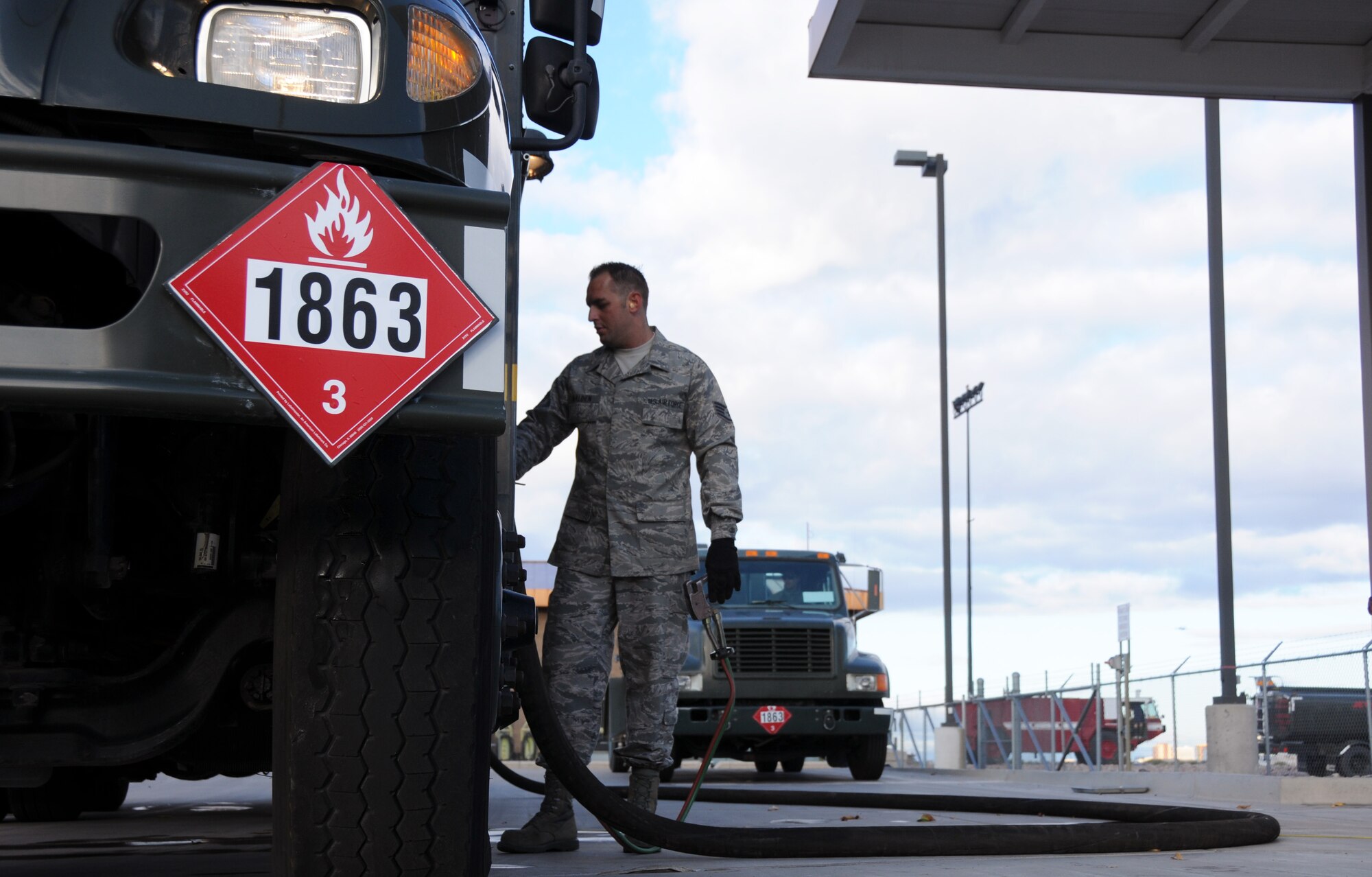 Staff Sgt. Donovan Walden, 161st Logistics Readiness Group fuels technician, monitors the gauges on a fuel truck as part of a routine inspection during an aircraft generation exercise, Phoenix, Nov. 5, 2011. In order to maintain safety on the flightline, these six thousand gallon fuel trucks are inspected daily for leaks and cracks in the pipes. (U.S. Air Force Photo by Staff Sgt. Courtney Enos/Released)