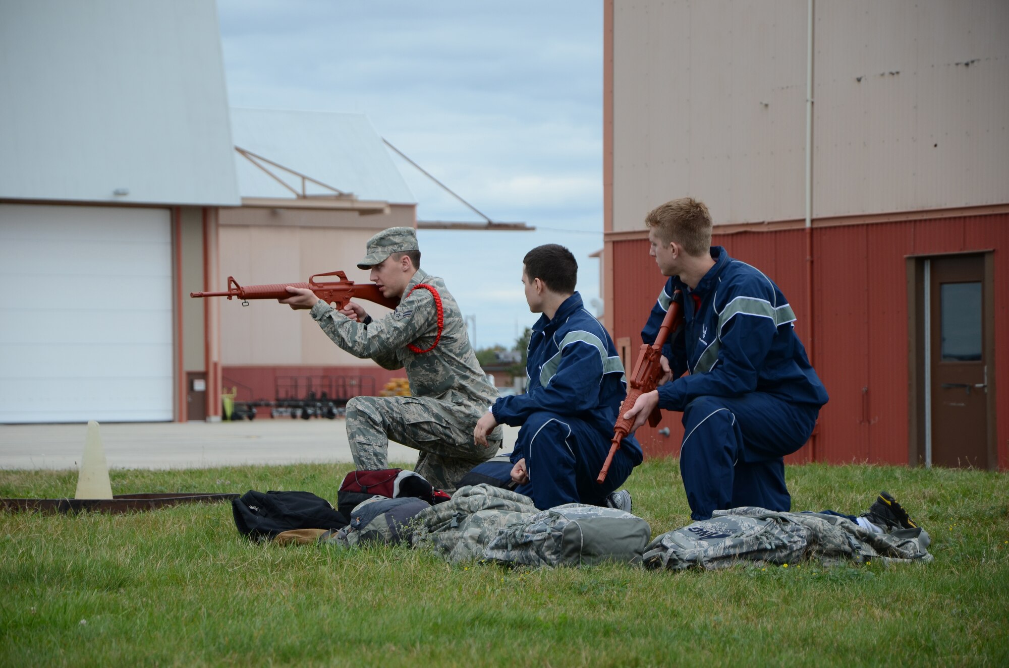 Members of the 157th Air Refueling Wing's student flight train on mock M-4 rifles during defensive fighting position drills,  Pease Air National Guard Base, New Hampshire, October 23, 2011.  (U.S. Air Force photo/2nd Lt. Alec C. Vargus)
