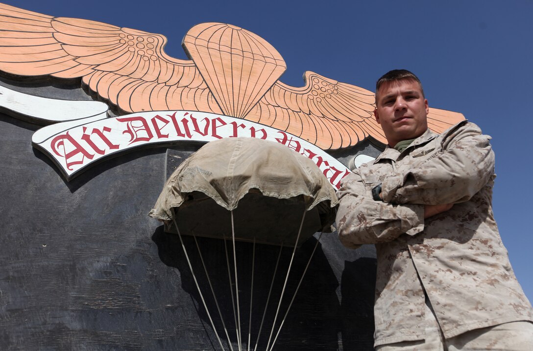 Sgt. Jonathan Hill, the air delivery chief for Landing Support Company, 2nd Marine Logistics Group (Forward), was presented with the Marine Corps League's Sergeant Harry D. Myers Award at a ceremony aboard Marine Corps Base Quantico, Va., Sept. 28. The award is bestowed annually upon an enlisted Marine within a combat service support element of the operation forces whose contributions have significantly impacted operations and readiness within the unit assigned. Hill, a native of Kansas City, Mo., is currently serving a one-year tour of duty in Afghanistan. (U.S. Marine Corps photo by Sgt. Justin J. Shemanski)