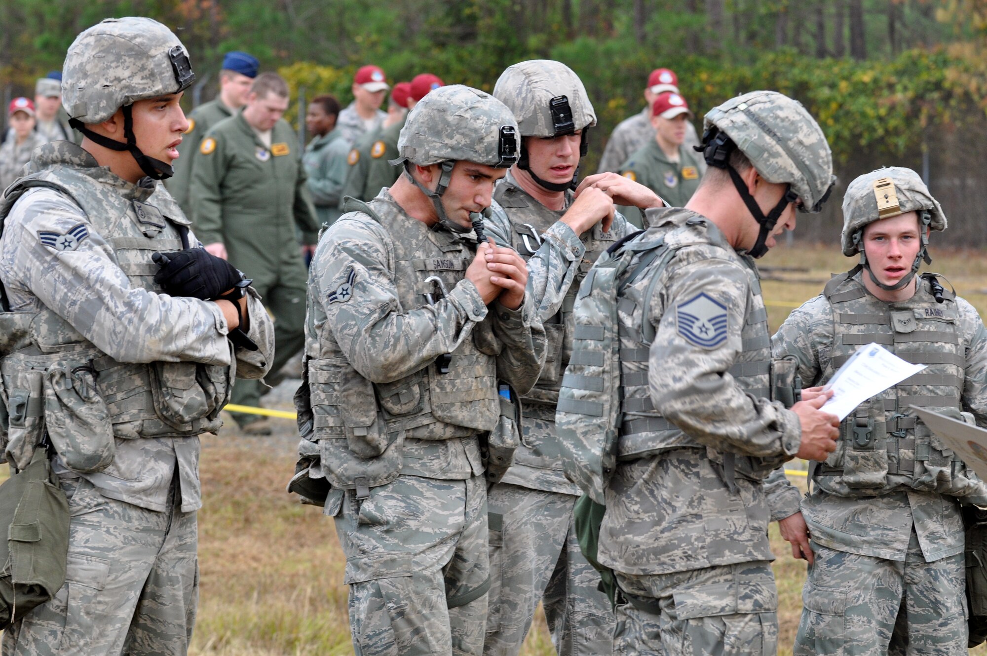 CAMP MINDEN, La. -- Security forces Airmen from the 5th Bomb Wing competed against other Air Force Global Strike Command security forces teams in the second annual Global Strike Challenge here, Nov. 5-7. Here, 5th Security Forces Squadron Airmen await instructions to complete the next phase of the competition. Each team was judged on completing various tasks during the competition to include their knowledge of tactical maneuvers as a team and as individuals, weapons familiarity, and overall job knowledge. (U.S. Air Force photo/ Airman 1st Class Jessica McConnell)