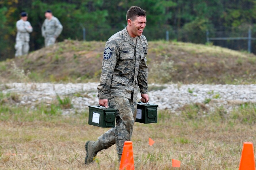 CAMP MINDEN, La. -- Master Sgt. Justin Haggerty, 5th Security Forces Squadron member, completes the individual movement phase of the Global Strike Challenge, which challenged Airmen to sprint, low crawl, high crawl and carry other ‘injured Airmen’ to the other side of the field as part of the second annual Global Strike Challenge here, Nov. 5-7. Each team was judged on completing various tasks during the competition to include their knowledge of tactical maneuvers as a team and as individuals, weapons familiarity, and overall job knowledge. (U.S. Air Force photo/ Airman 1st Class Jessica McConnell)