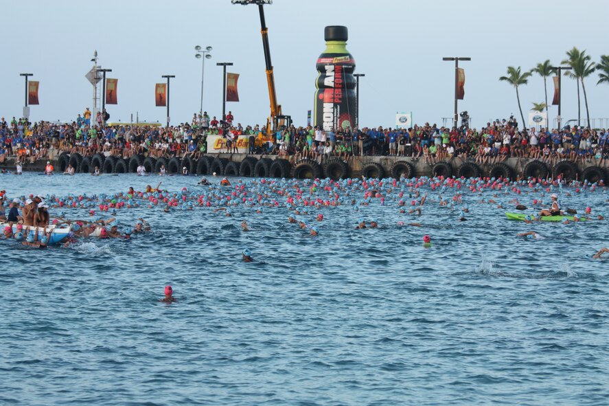 Staff Sgt. Bradley Williams, 51st Maintenance Operations Squadron senior weapons coordinator, waits alongside 1800 competitors at the starting line of the 2011 Ford IRONMAN Championship in Kailua-Kona, Hawaii. Williams finished 32nd in the 25 to 29 age bracket with an official time of 9 hours 36 minutes and 39 seconds. (U.S. Air Force photo/Capt. Ryan Young)