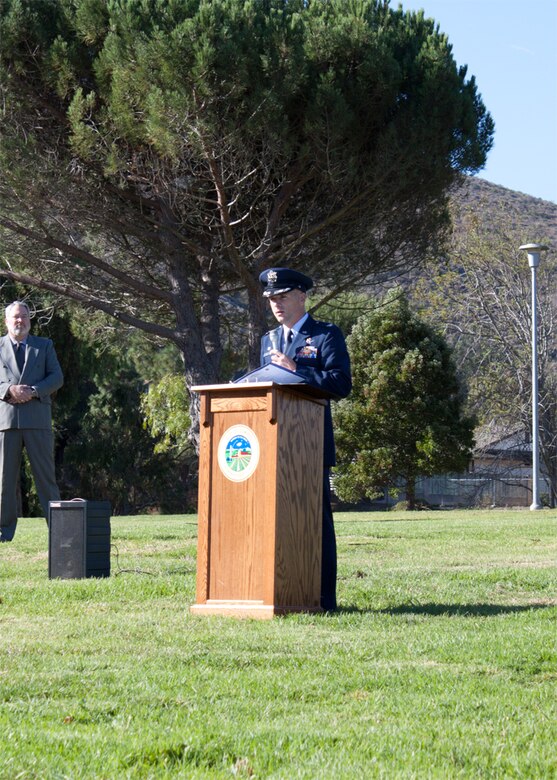 VANDENBERG AIR FORCE BASE, Calif. -- Col. Richard Boltz, 30th Space Wing commander, speaks during the Beattie Park flag pole dedication in Lompoc Saturday, Nov. 5, 2011.  The flag pole was dedicated to honor fallen members of past and current wars.  (U.S. Air Force photo/Janet Kays) 

 
