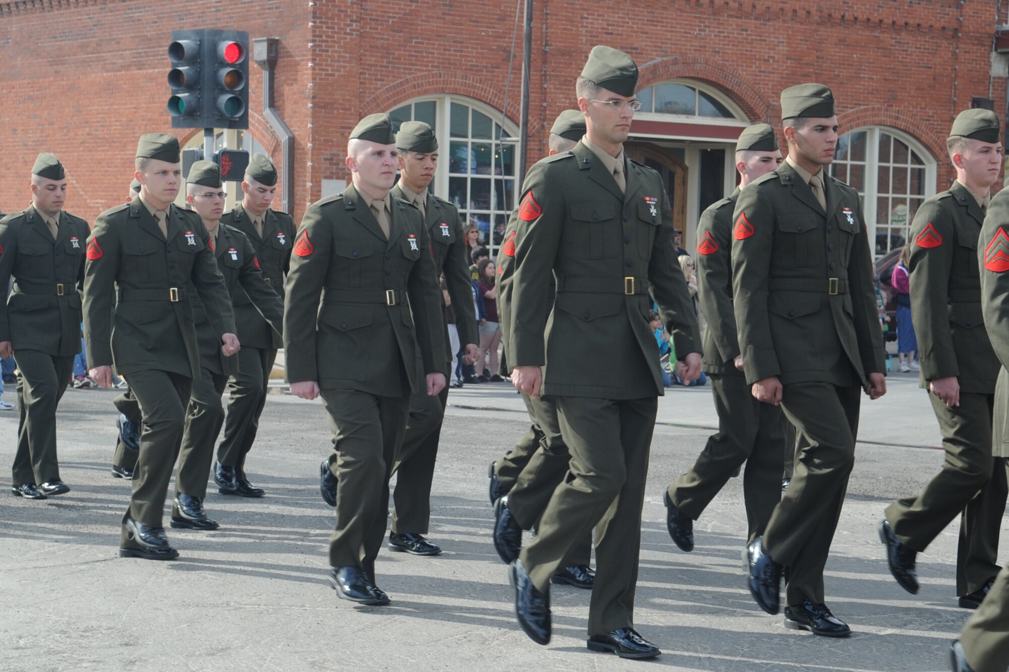 SAN ANGELO, Texas -- Marines from the Marine Corps Detachment, Goodfellow Air Force Base, participate in the San Angelo Veterans Day Parade Nov. 5. The parade is the kickoff to Veterans Day events across the Concho Valley. (U.S. Air Force photo/Staff Sgt. Laura R. McFarlane)