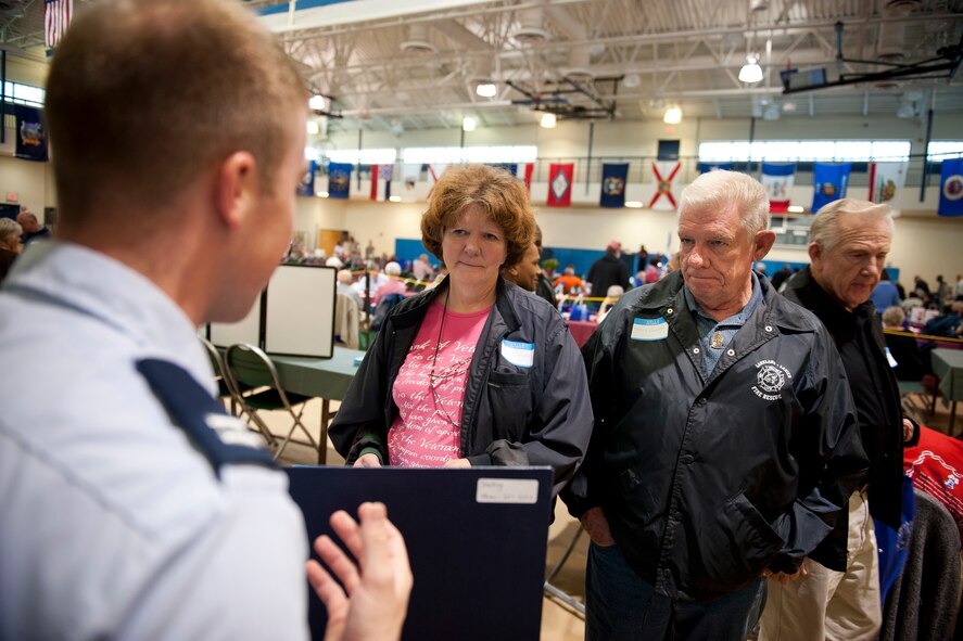 Hank and Cindy Obester receive information from a 23rd Aerospace Medicine Squadron representative during Retiree Appreciation Day at Moody Air Force Base, Ga., Nov. 5, 2011. Retiree Appreciation Week is an annual event that culminates in Retiree Appreciation Day, a time dedicated to honoring retirees and providing them information on health and various opportunities to take part in. (U.S. Air Force photo by Staff Sgt. Jamal D. Sutter/Released) 