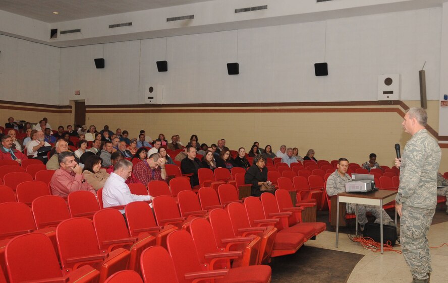 Col. Timothy Fay, 2nd Bomb Wing commander, speaks to base civilians and their supervisors during one of three town halls the wing hosted Nov. 3 at the base theater.  Wing leadership and civilian personnel experts organized the town halls to quickly pass along information to more than 600 base civilians concerning Air Force Global Strike Command's announcement of changes to the civilian workforce in accordance with the Air Force's required efficiency and force structure posture changes. (U.S. Air Force photo/Senior Airman Kristin High)(RELEASED)