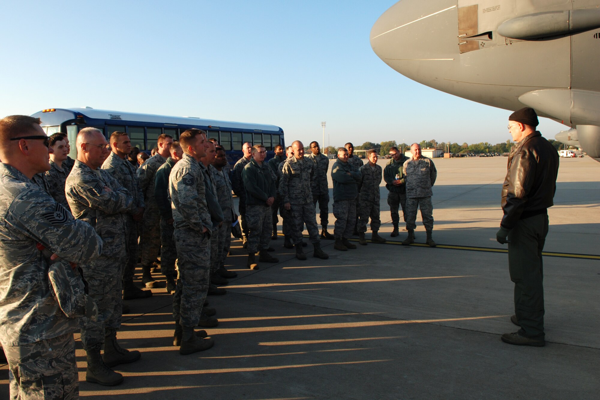 U.S. Air Force Lt. Col. Bruce Gootee, the director of operations for the 93rd Bomb Squadron, welcomes a group of 307th Bomb Wing Airmen during a tour of a B-52 Stratofortress at Barksdale Air Force Base, La., Nov. 5, 2011.  The tour is part of a wing initiative to allow airmen to learn more about the capabilities and mission of the aircraft they support. (U.S. Air Force photo by Staff Sgt. Theodore Daigle/Released)