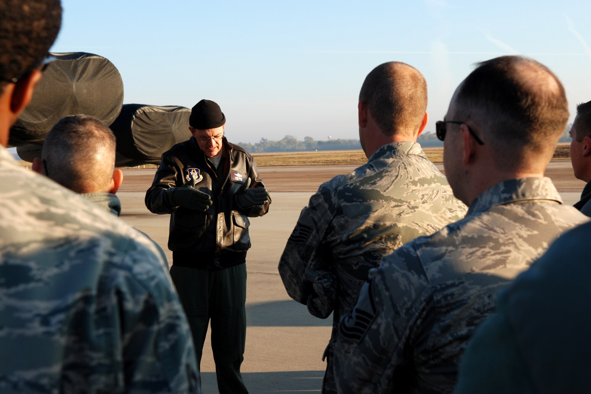 U.S. Air Force Lt. Col. Bruce Gootee, the director of operations for the 93rd Bomb Squadron, gestures while giving a tour of a B-52 Stratofortress at Barksdale Air Force Base, La., Nov. 5, 2011. Gootee was explaining the mechanics of flight to a group of Airmen from the 307th Bomb Wing who don’t actually work around the aircraft.  At least one tour occurs on the 307th Bomb Wing unit training assemblies.  (U.S. Air Force photo by Staff Sgt. Theodore Daigle/Released)