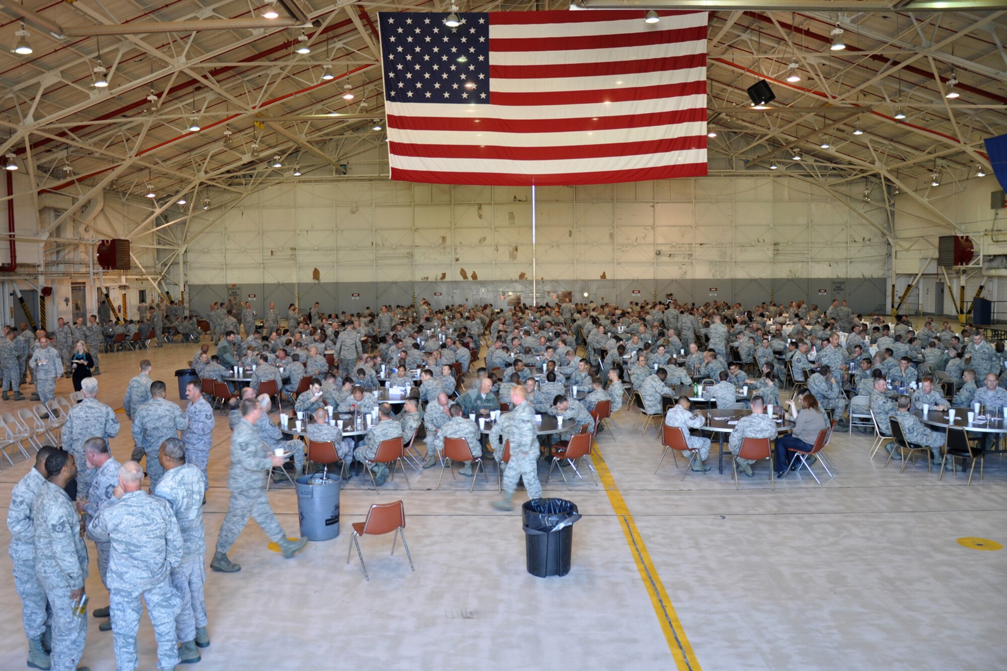More than 700 Airmen assigned to the 307th Bomb Wing, 2nd Bomb Wing and 917th Fighter Group have lunch and prepare for the 12th Annual Gatorfest in the A-10 Hangar at Barksdale Air Force Base, La., Nov. 5, 2011. The annual event serves to recognize maintenance Airmen for their accomplishments during the year in both the military and civilian worlds. (U.S. Air Force photo by Master Sgt. Jeff Walston/Released)