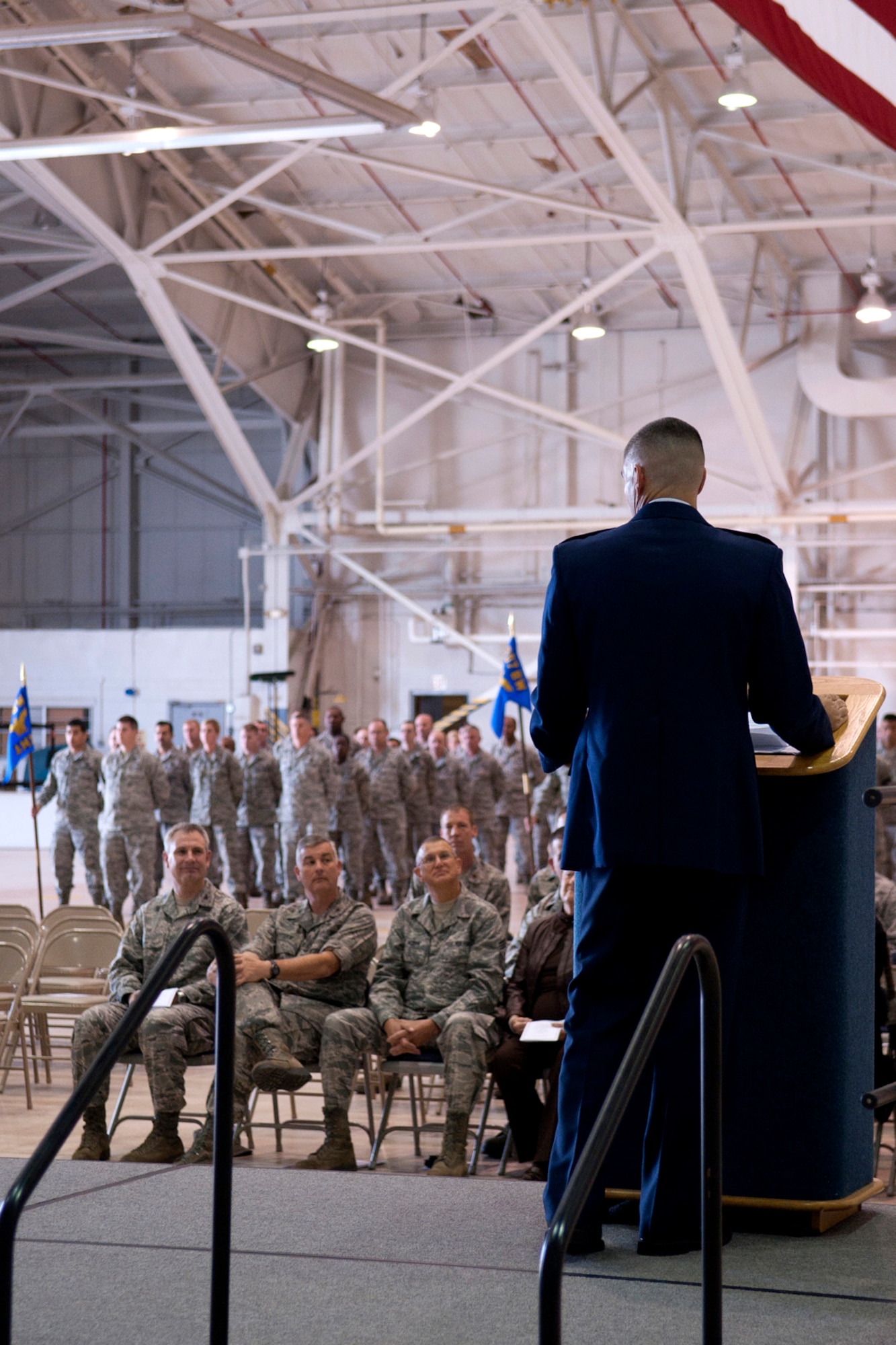 U.S. Air Force Lt. Col. Kenneth Rose, 307th Maintenance Group (MXG) commander, talks to members of the 307th Bomb Wing during an Assumption of Command ceremony at Barksdale Air Force Base, La., Nov. 6, 2011. Rose, former director of the COMBAT SHIELD Electronic Warfare Assessment Program at Eglin Air Force Base, Fla., assumed command of the 307th MXG, which maintains the B-52H Stratofortress. (U.S. Air Force photo by Master Sgt. Greg Steele/Released)