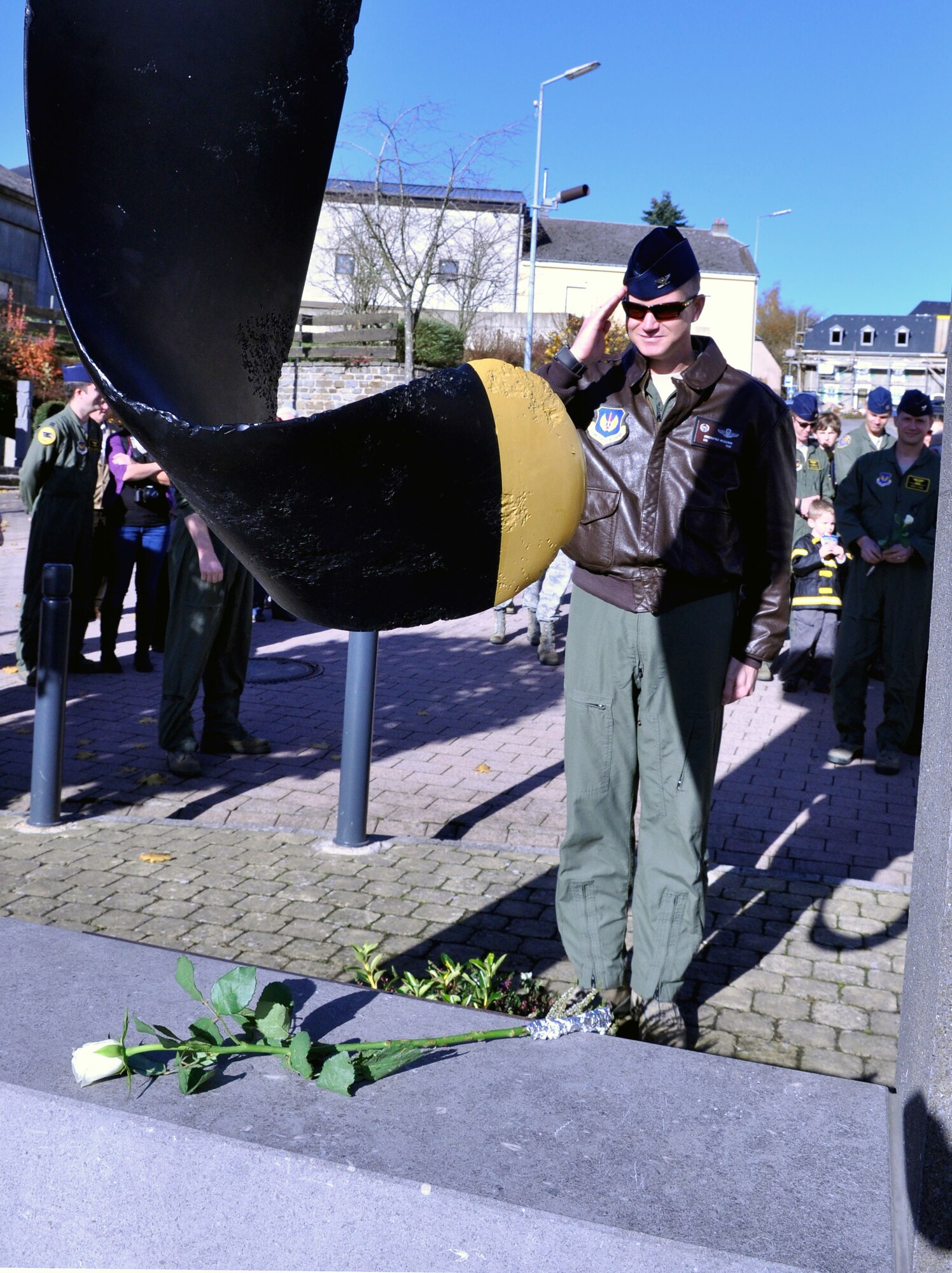 PERLE, Luxembourg – Col. Chris Weggeman, 52nd Fighter Wing commander, salutes a memorial dedicated to the Battle of the Bulge at the 385th Bomb Group Museum Nov. 4 here. Weggeman visited this museum with members of the 81st Fighter Squadron and their families as part of a squadron family day. The Airmen and their families also visited memorials throughout Belgium and Luxembourg honoring those who fought to liberate the two countries in WWII. (U.S. Air Force photo/Senior Airman Natasha Stannard)