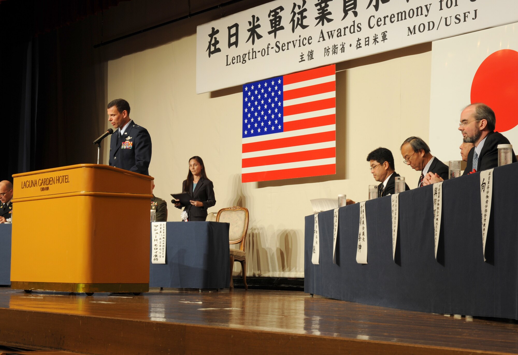 Brig. Gen. Matthew H. Molloy, 18th Wing commander, thanks and congratulates United States Forces Japanese employees for their length of service working with the Department of Defense during a Length of Service Awards Ceremony, Oct. 19. The ceremony for U.S. Forces Japanese employees took place at the Laguna Hotel in Ginowan, Okinawa, Japan. During the ceremony, 726 Japanese employees were awarded for their service and dedication to their respective branches of service. (U.S. Air Force photo/Senior Airman Sara Csurilla/Released)
