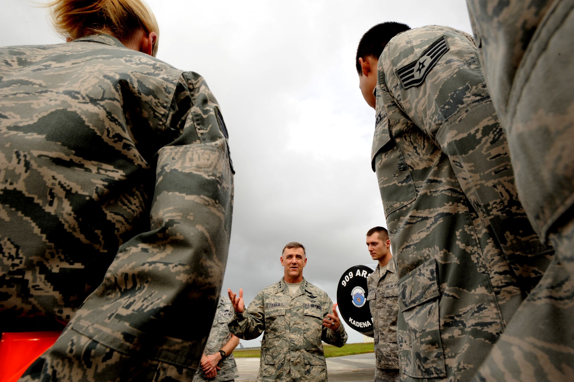 U.S. Air Force Lt. Gen. Burt Field, U.S. Forces Japan and 5th Air Force commander, speaks to crew chiefs from the 718th Aircraft Maintenance Squadron during his visit to Kadena Air Base, Japan, Nov. 4. Field attended the 12th annual Kadena Special Olympics, visited several units around the base and shared key messages with Airmen during his visit to Kadena. (U.S. Air Force photo/ Senior Airman Jarvie Z. Wallace/Released)

