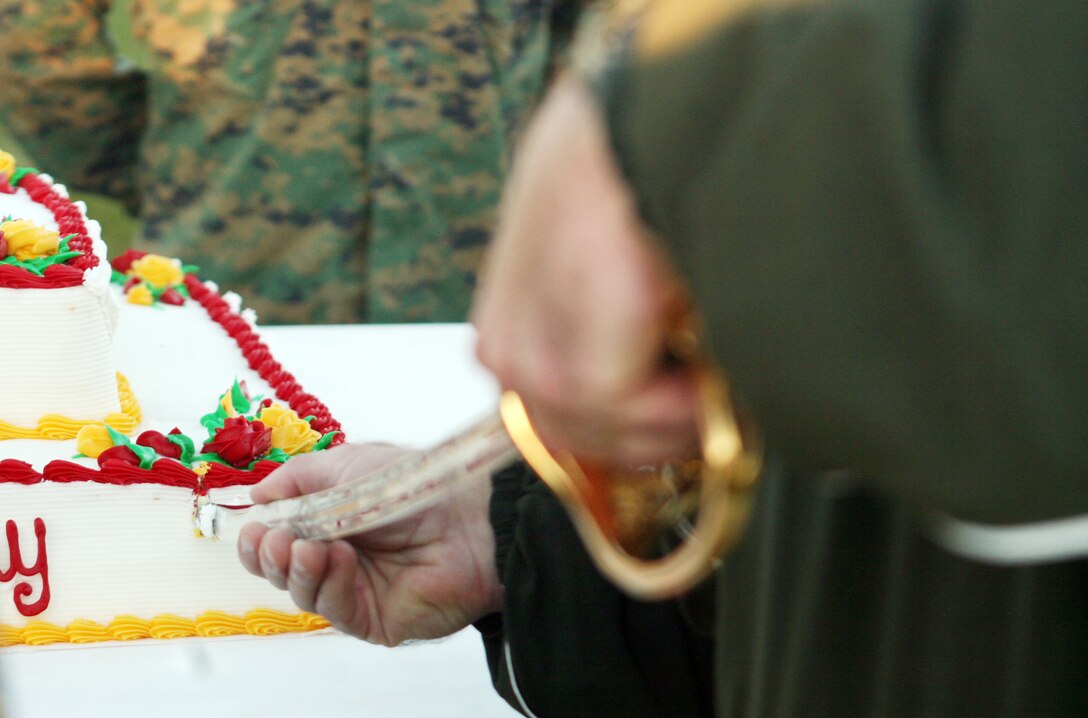 Col. Richard W. Fullerton, the chief of staff for the 2nd Marine Logistics Group, cuts a cake during a cake-cutting ceremony at Soifert Field aboard Camp Lejeune, N.C., Nov. 8, 2011. The 2nd MLG also took “PT Road” for a motivational run in honor of the Marine Corps’ 236th birthday. (U.S. Marine Corps photo by Pfc. Franklin E. Mercado)